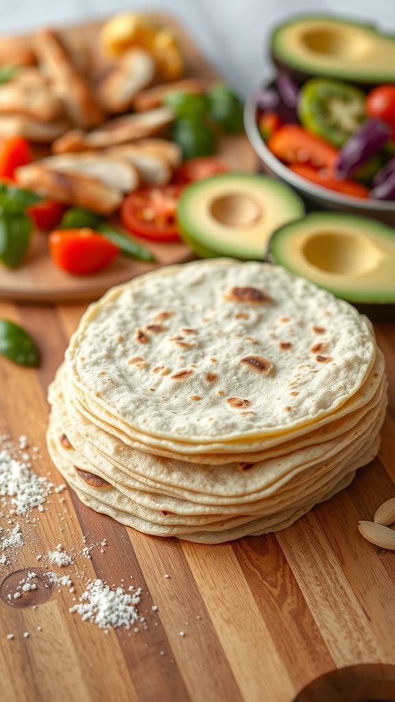Freshly made almond flour tortillas stacked on a cutting board with colorful fillings in the background.
